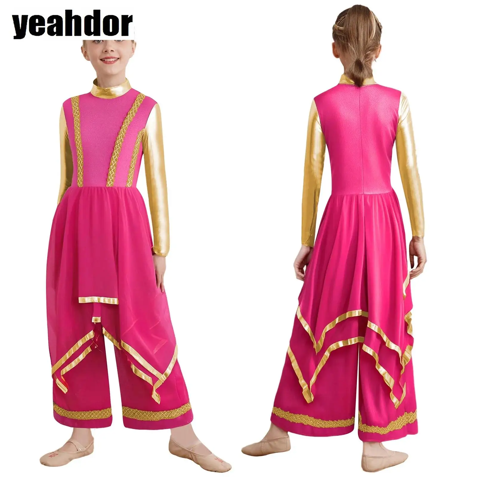 

Girls Liturgical Praise Worship Dance Costume Long Sleeve Gold Trim Metallic Patchwork Irregular Hem Dress with Wide-Leg Pants