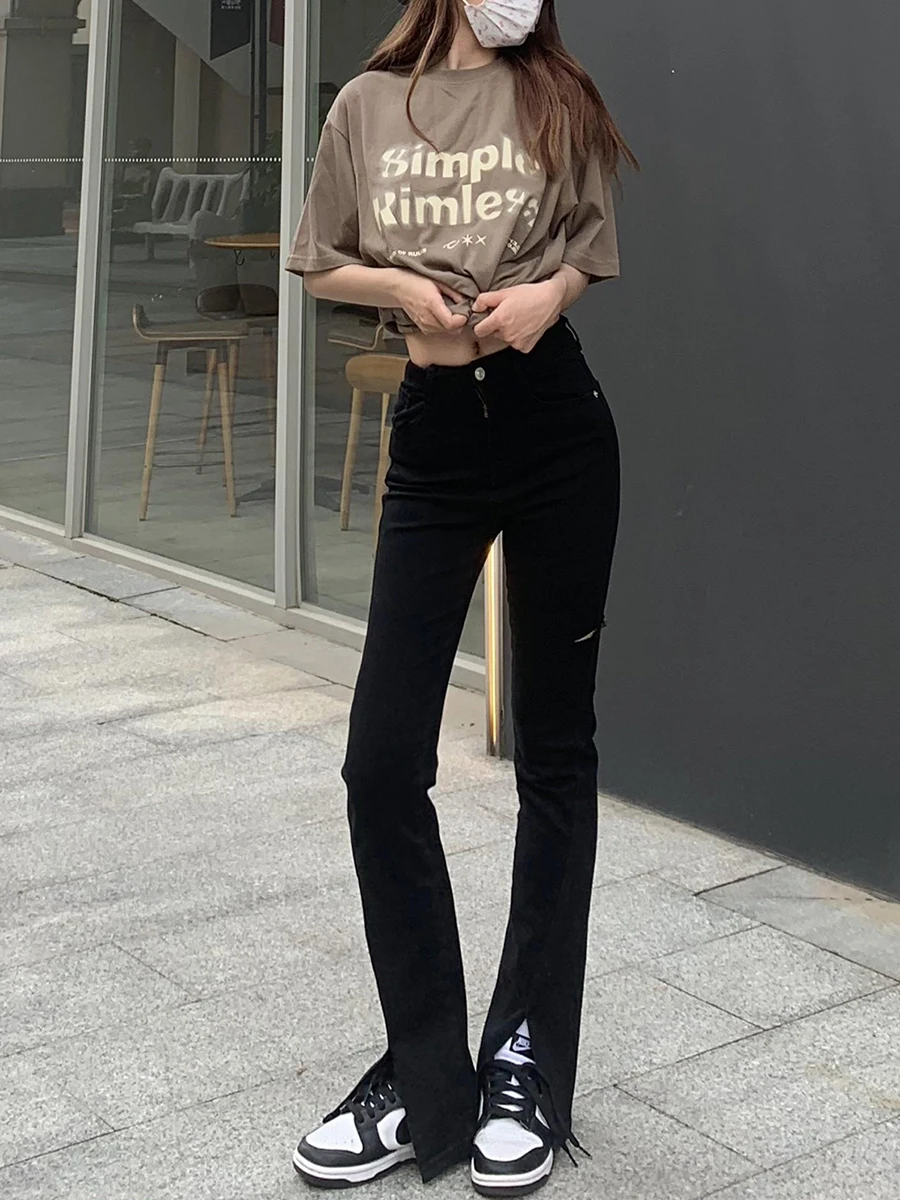 

Slimming High Waist Bell Bot Jeans Women's Vintage Sle Faded Cotton Stretch Denim Spring Summer Long Pants Deep Color