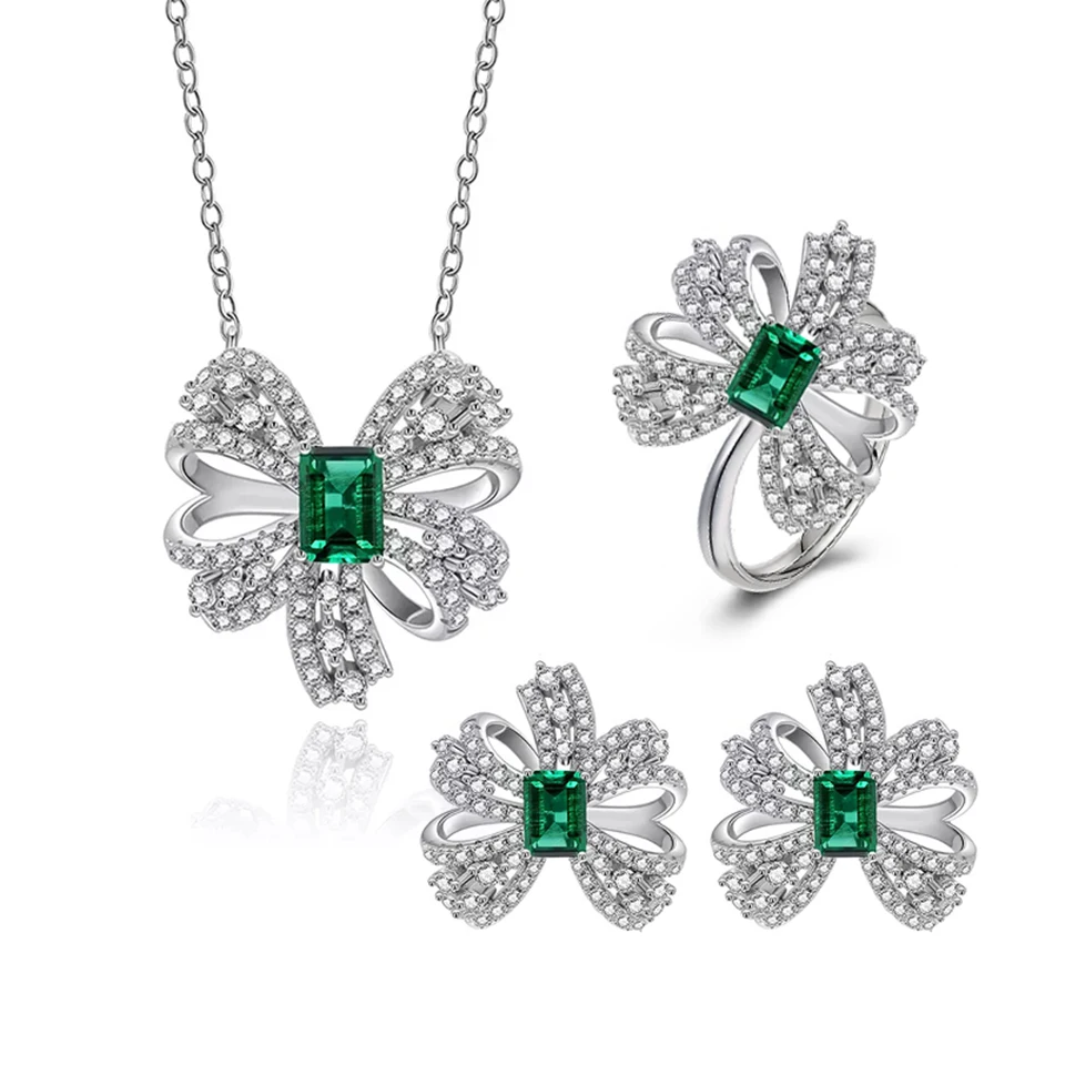 Starsgem Jewelry Set S925 Sterling Silver Lab Grown Emerald Fashion Jewelry Earrings Necklace Ring For Jewelry Gifts