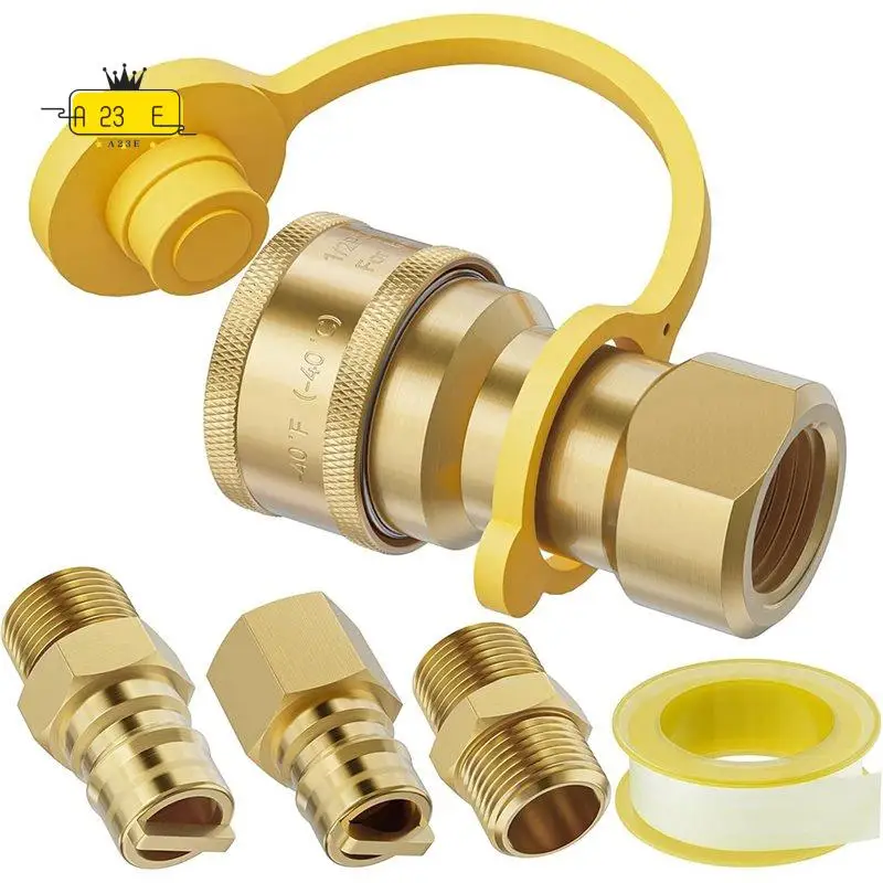 A23E-1/2 Inch Natural Gas Quick Connect Fitting Set, Propane Quick Connect Fittings, 4 Pcs Solid Brass Kit