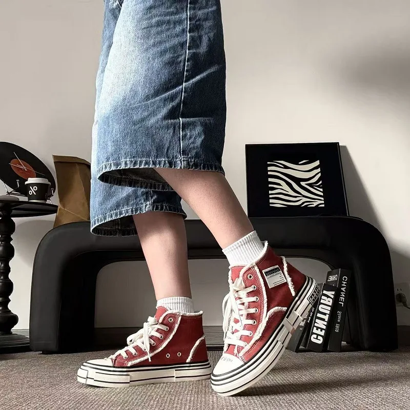 2026 New Unisex Canvas Shoes High Top Women Men Canvas Sneakers Middle Cut Black Students Tennis Sports Shoes Orange Autumn