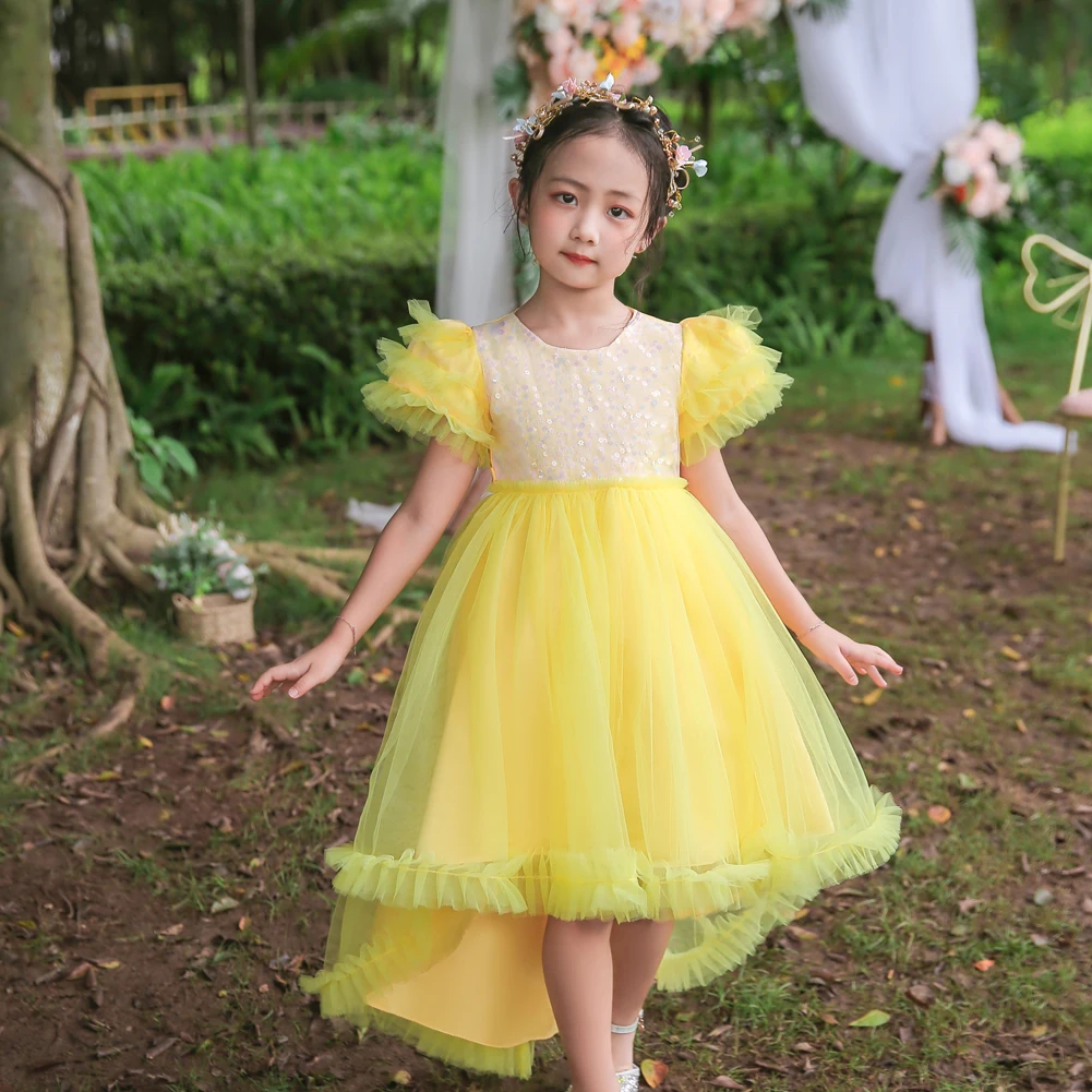 8608 Yellow Flower Girl Trailing Bridesmaid Wedding Dress Child Piano Performance Dress is suitable for Kid Party Wear