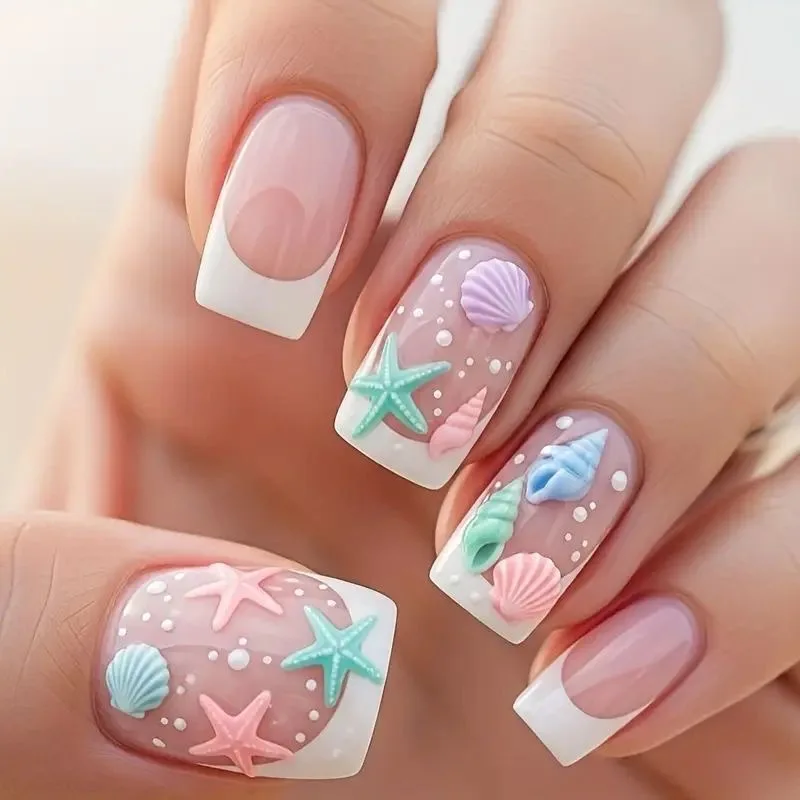 24 Piezas Uñas Postizas Francesas Simples con Diseño de Rayas y Corazones, Cuadradas Cortas, Acrílicas de Cobertura Total 2