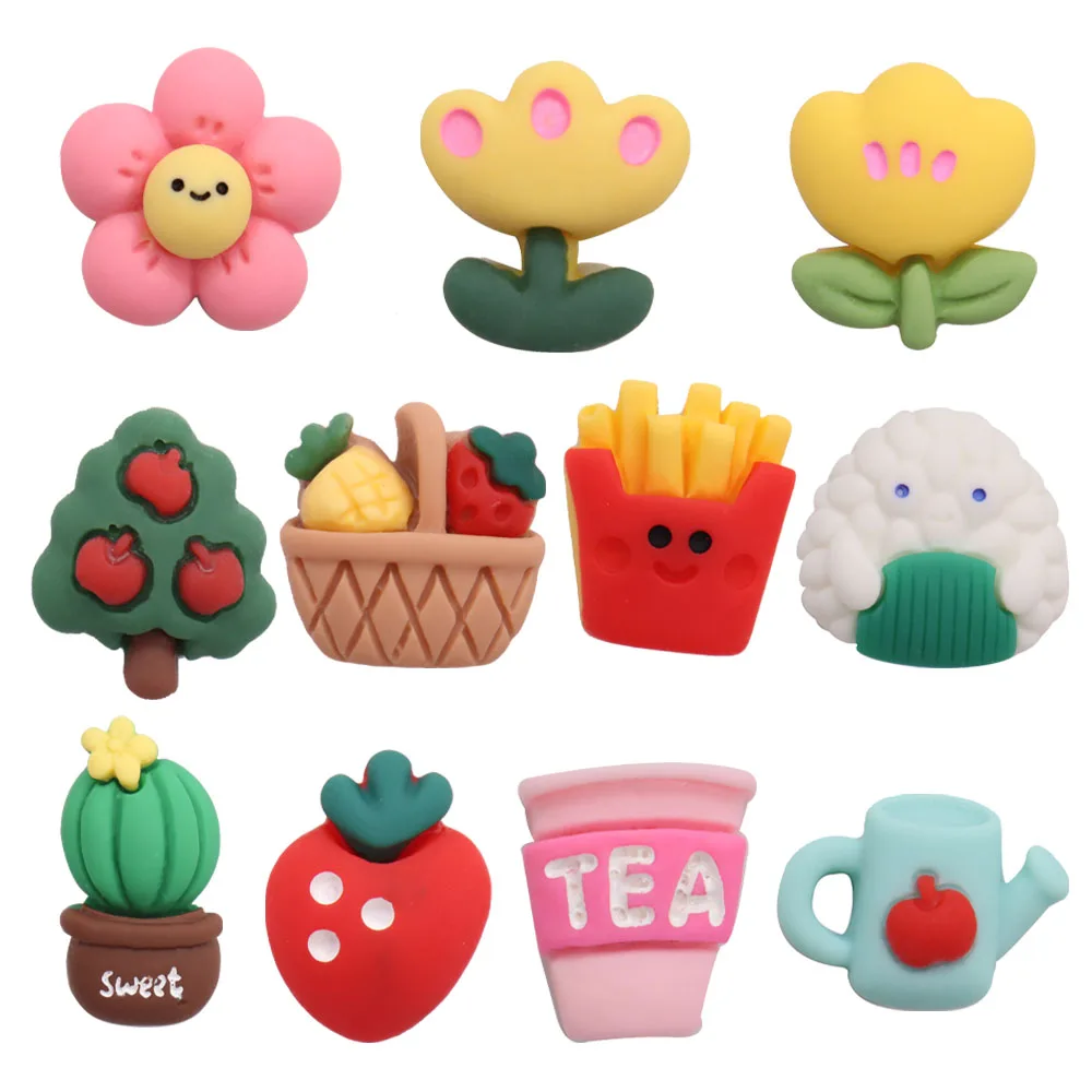 Mix 50PCS Resin Buckle Clog Flower Apple Tree Fruit Fries Rice Balls Strawberry Shoe Charms Fit Wristband Accessories Decoration