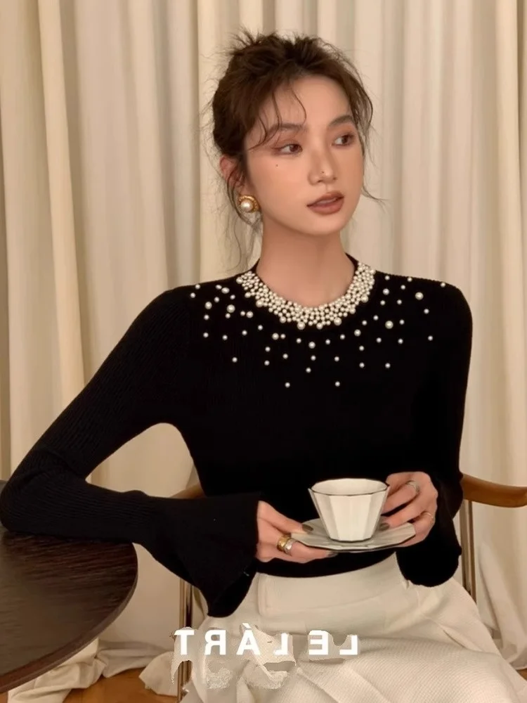 

Ele круглый вязаный свитер Ne Long Sve, женский роскошный дизайн Embellied, утягивающий корейский вариант, поездка на работу, мода