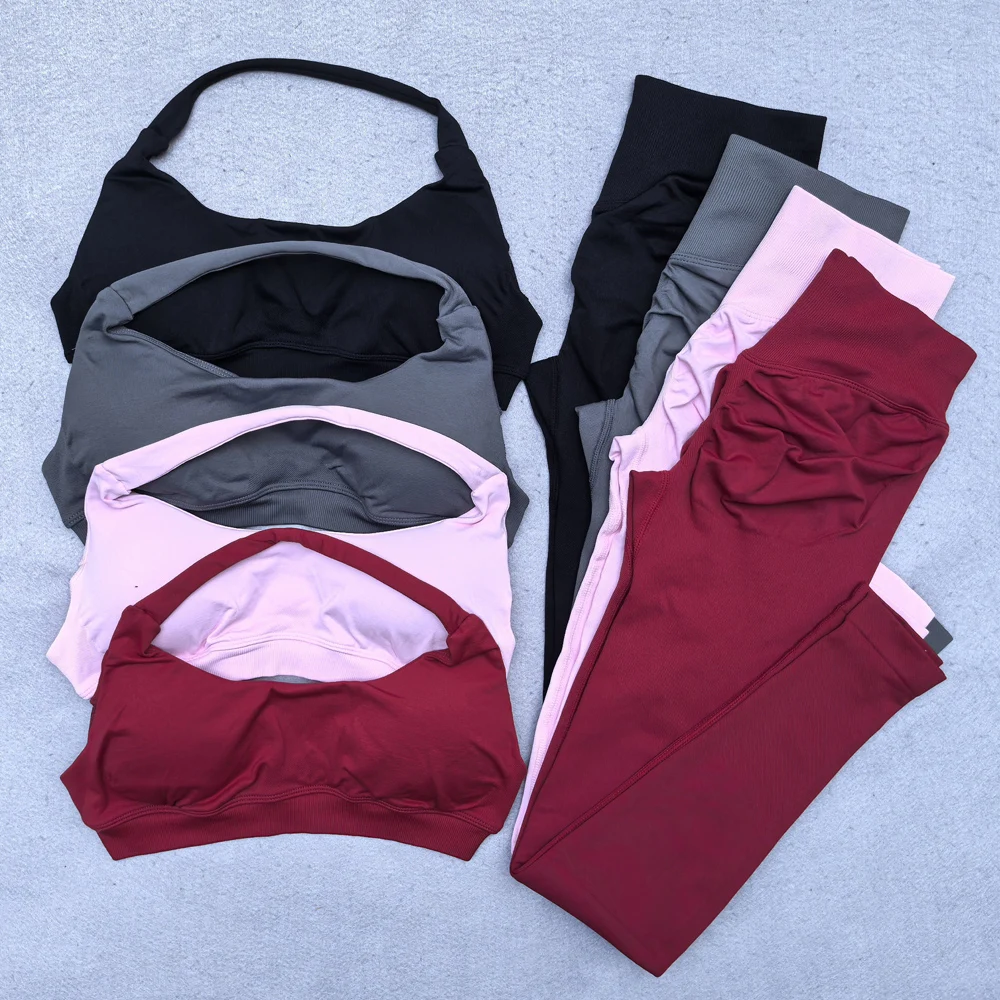 2-teiliges Yoga-Set für Damen, nahtlos, Scrunch-Leggings, Neckholder, Sport-BH, Fitness, Fitnessstudio, Set, Trainingskleidung, Sportbekleidung