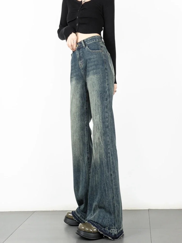 Flare Jeans wanita Retro Amerika warna gradien, celana Denim anak muda Hipster pinggang tinggi netral musim gugur