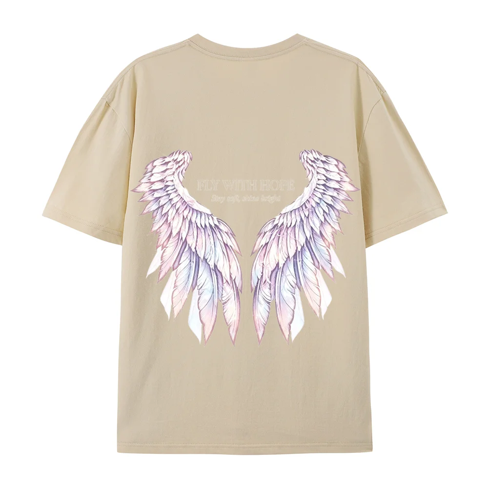 Women T‑Shirt Back Print Angel Wings Feather Graphic Tees Find Your Light Casual Short Sleeve Streetwear Ladies Tops