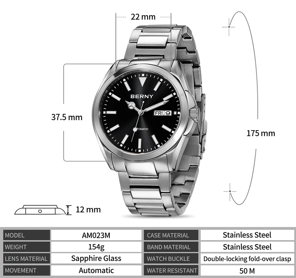 BERNY Automatikuhren für Herren, superleuchtend, Datum und Woche, mechanische Herrenuhr, komplett aus Edelstahl, Armbanduhr NH36, Saphir – Detail 8