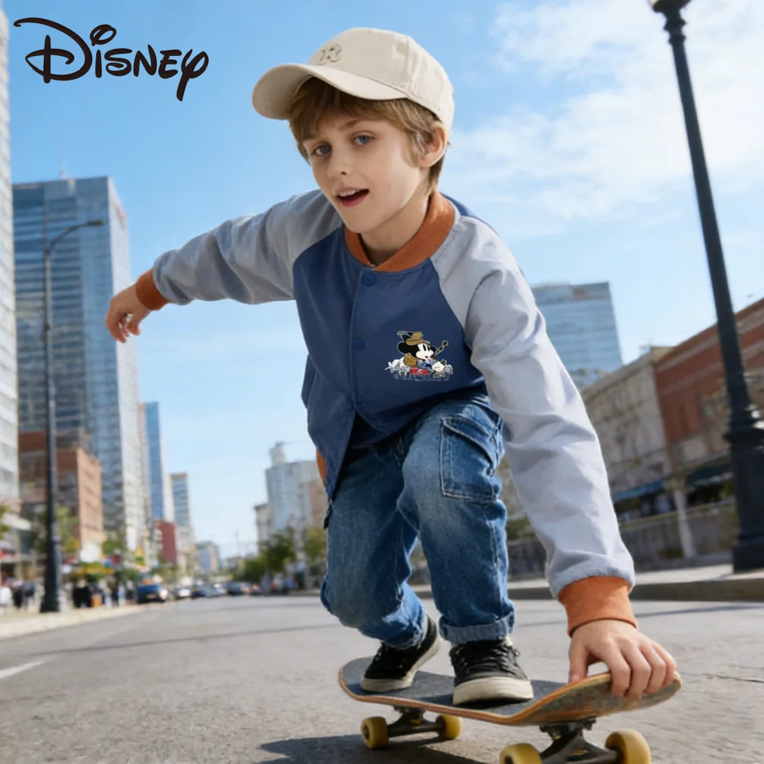Disney Kids Color Patchwork Baseball Jacket Children Spring Autumn Windproof Outerwear Mickey Minnie Print Baseball Jacket