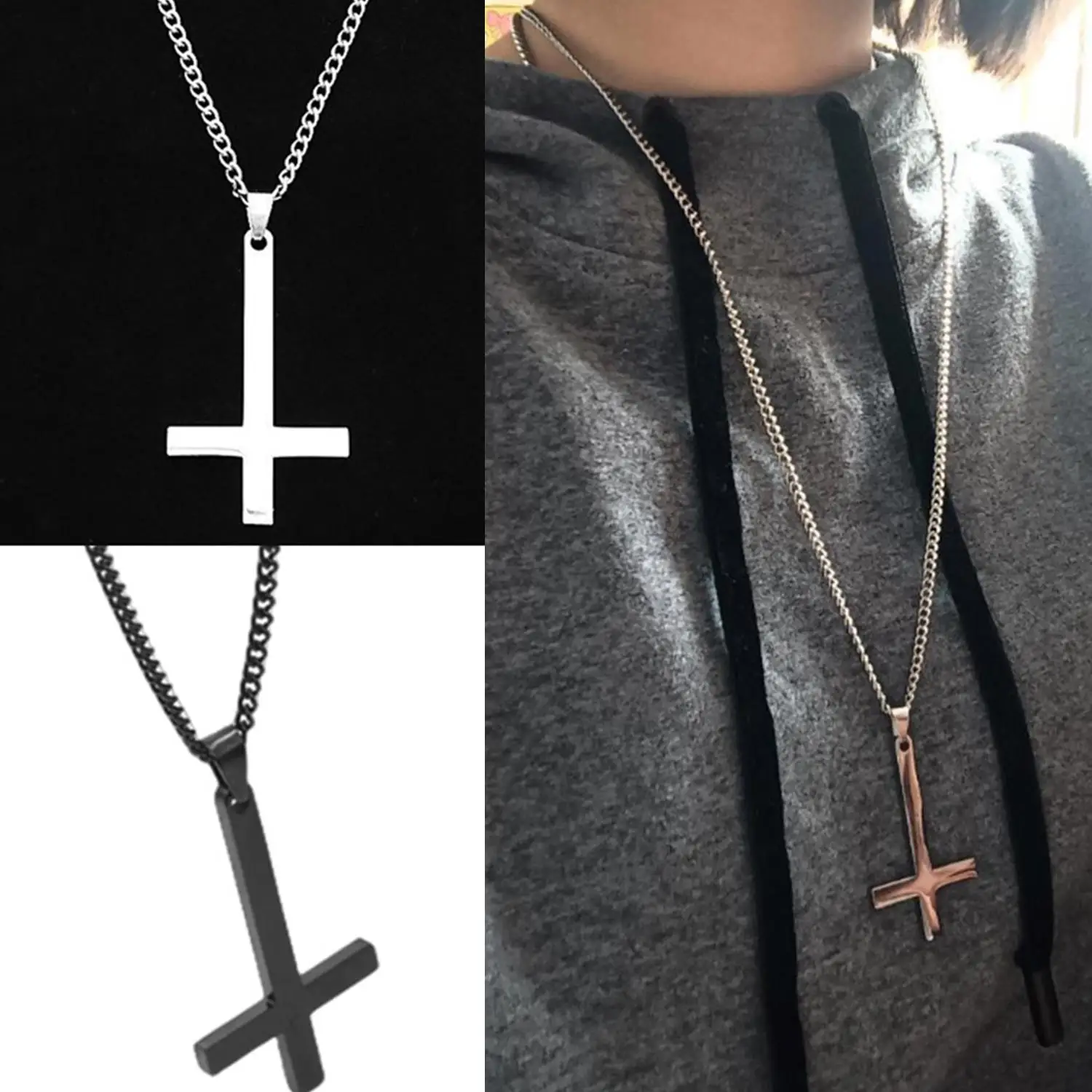 1PC Dainty Silver Color Stainless Steel Upside Down Cross Necklace for Men Inverted Cross Pendant with Chain Fashion Jewelry