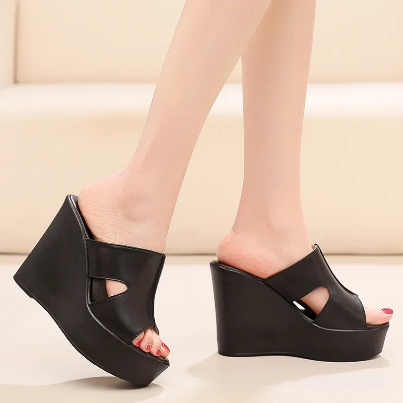 Small Plus Size 33-43 Fashion Genuine Leather Shoes Women\'s Wedges Slippers Summer 2024 High Heels Platform Slides Office Model