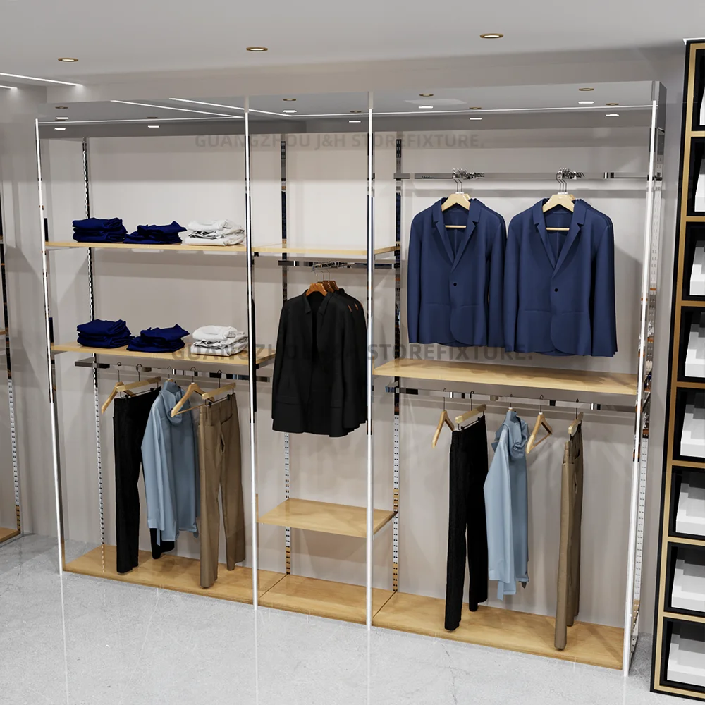 맞춤형 실버 LED 조명 의류 진열대, 소매용 진열 선반, 독립형 옷걸이 진열대