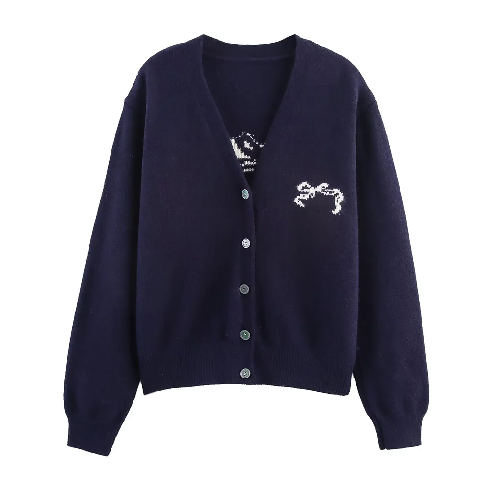 women's autumn new product casual versatile V-neck long sleeved single breasted knitted sweater jacquard cardigan