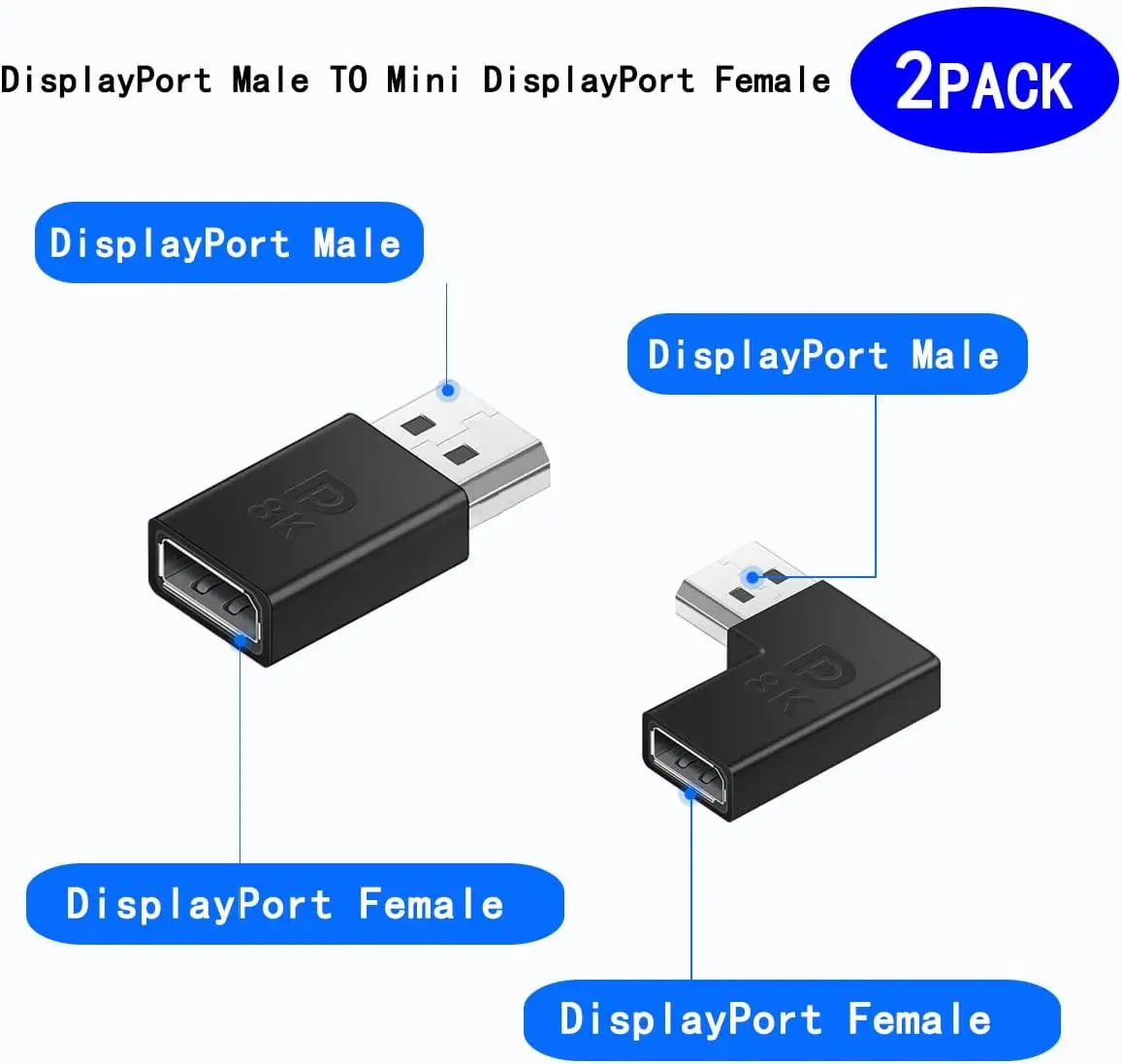 90 Degree Displayport Cable Adapter Converter Left/Right DP Adapter, 8k@60HZ DP Male to Female Extention Adapter