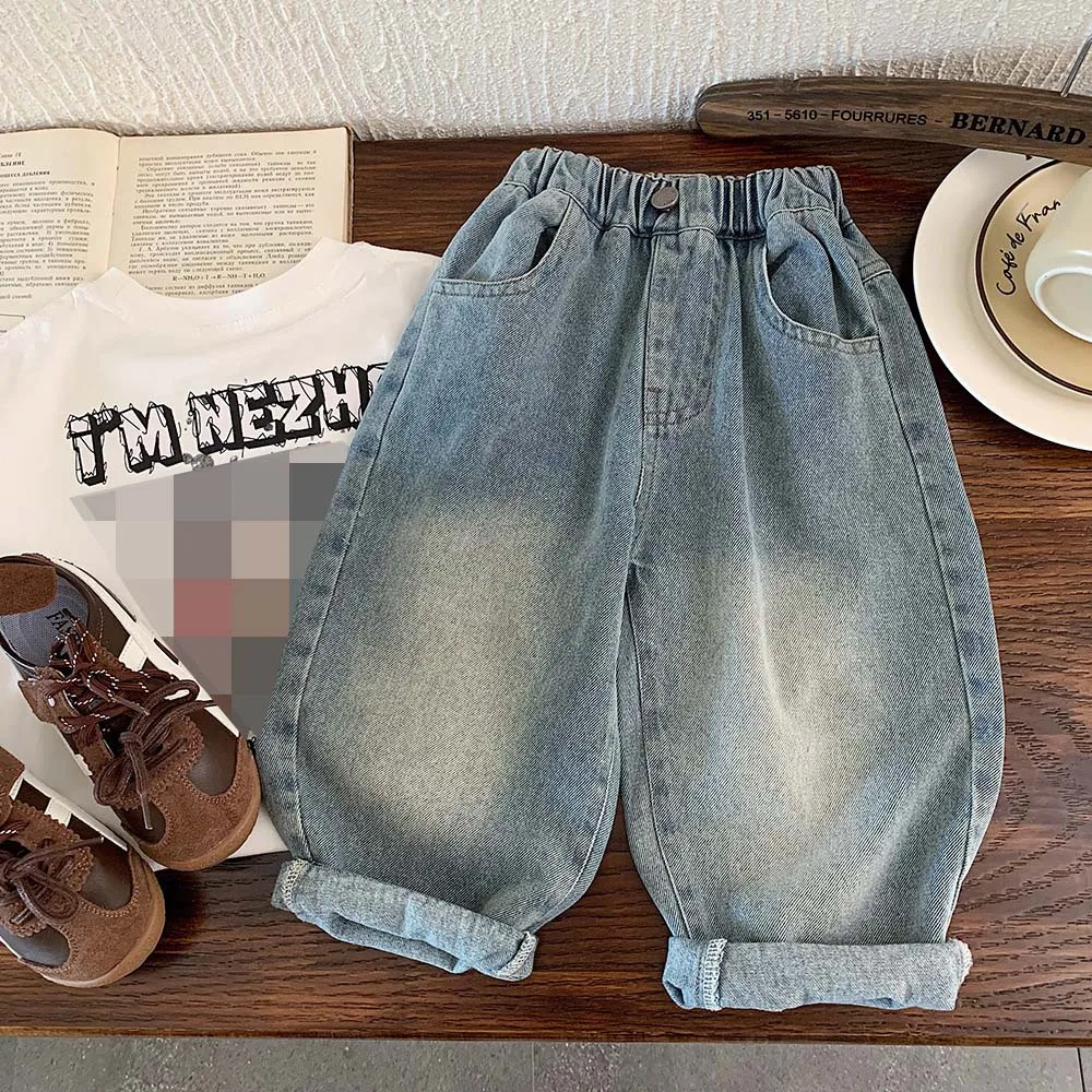 

Джинсы прямого кроя из хлопка для мальчиков и девочек на весну-осень, школьные, повседневные, для детей 1-12 лет