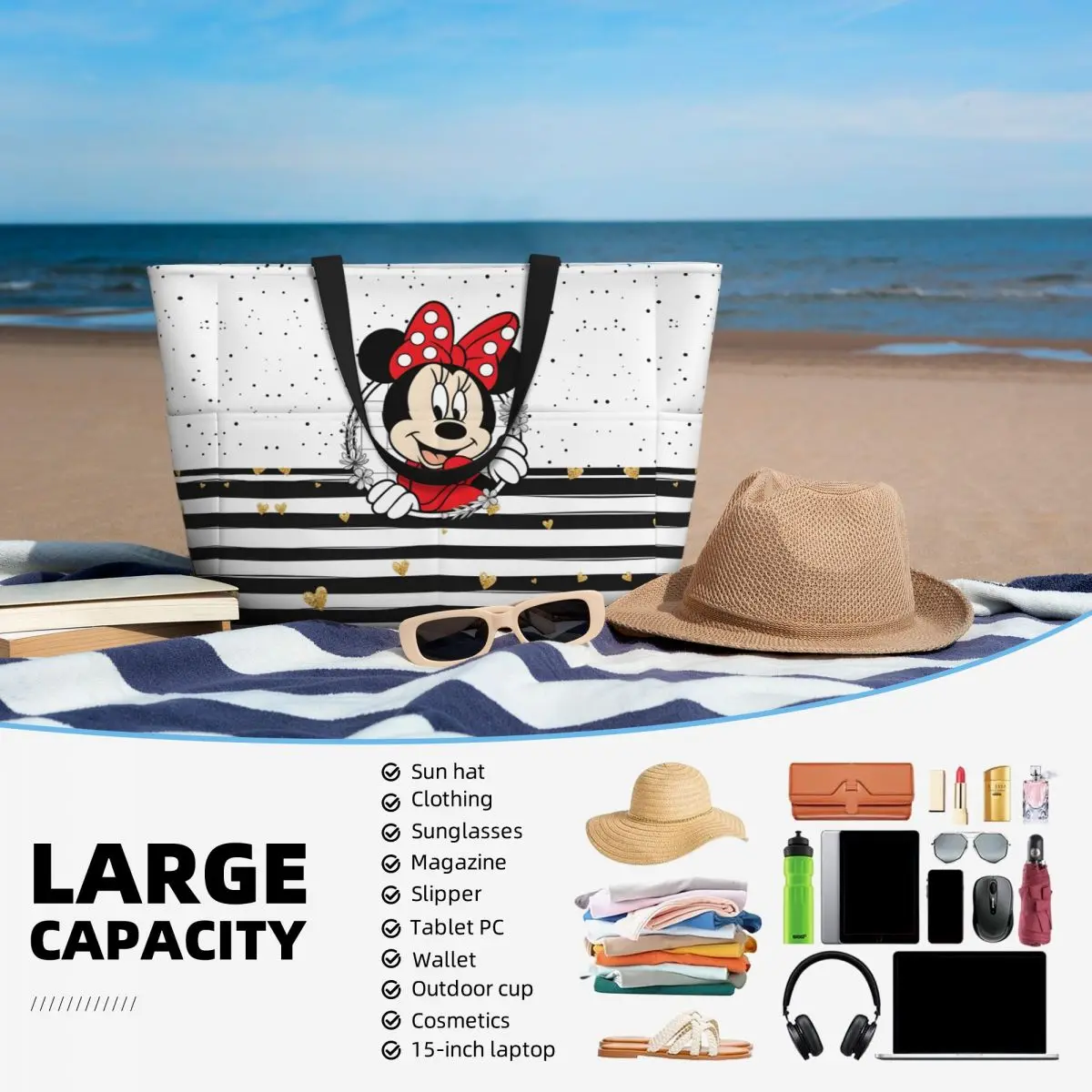 Custom Large Cute Minnie Mouse Tote Bag for Women Cartoon Mickey Shopping Shoulder Beach Gym Travel Bag