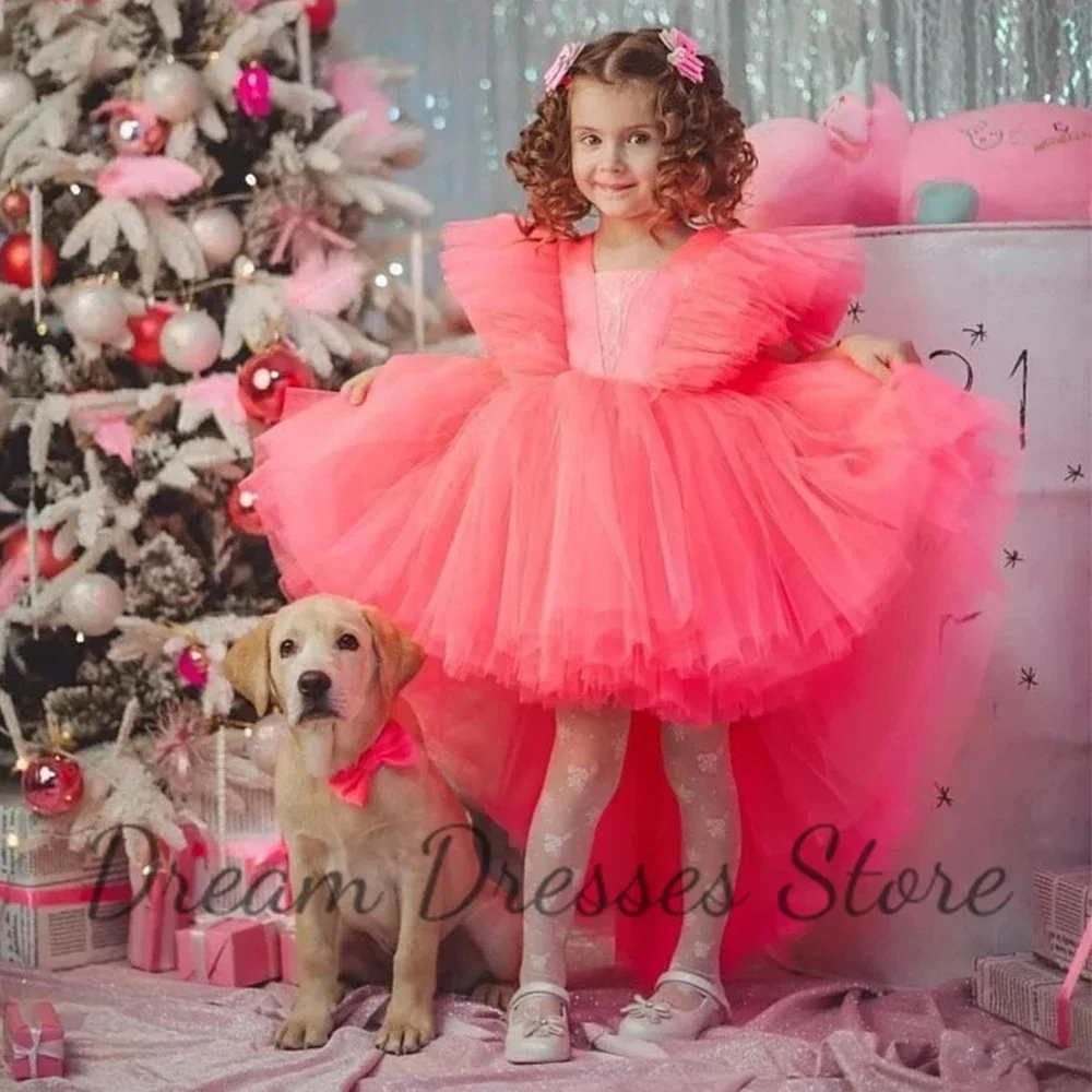 半袖チュールフラワーガールドレス ピンク フロントショートバックロング ベビーかわいいパーティーボールガウン バックレスクリスマスフェスティバルドレス
