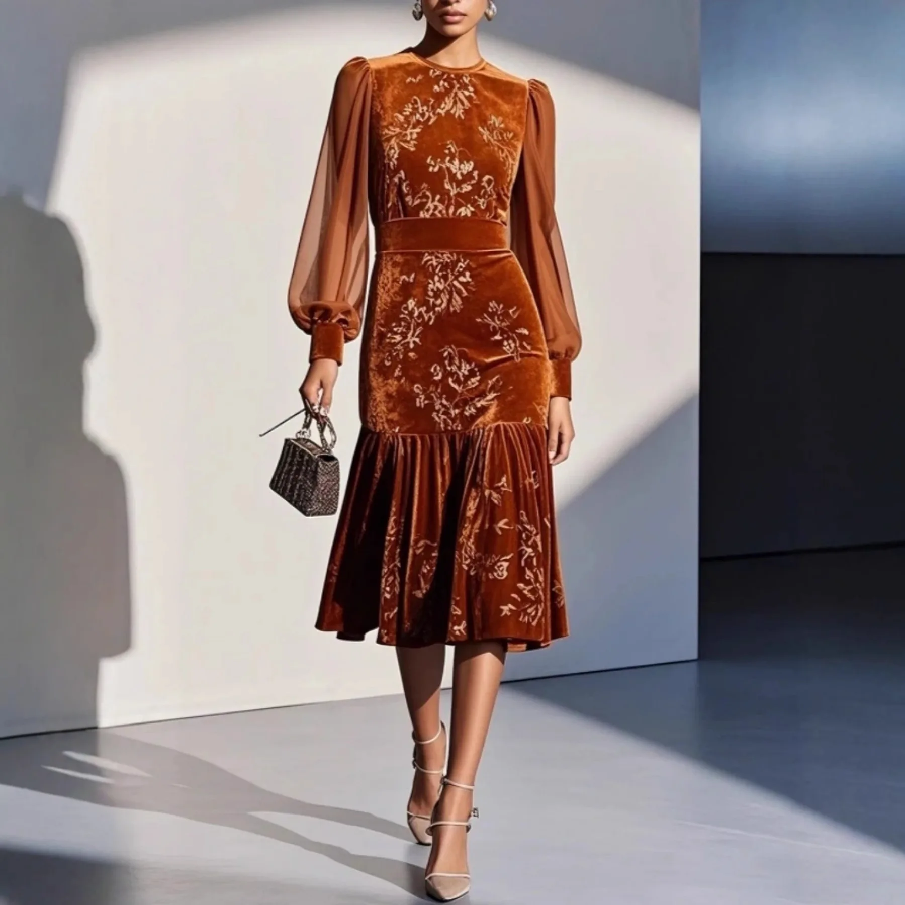 

Women's Velvet Floral Dress Spring Fall Mesh Lantern Sleeve Round Neck Vintage Elegant High Waist Pleated A-Line Midi Dress