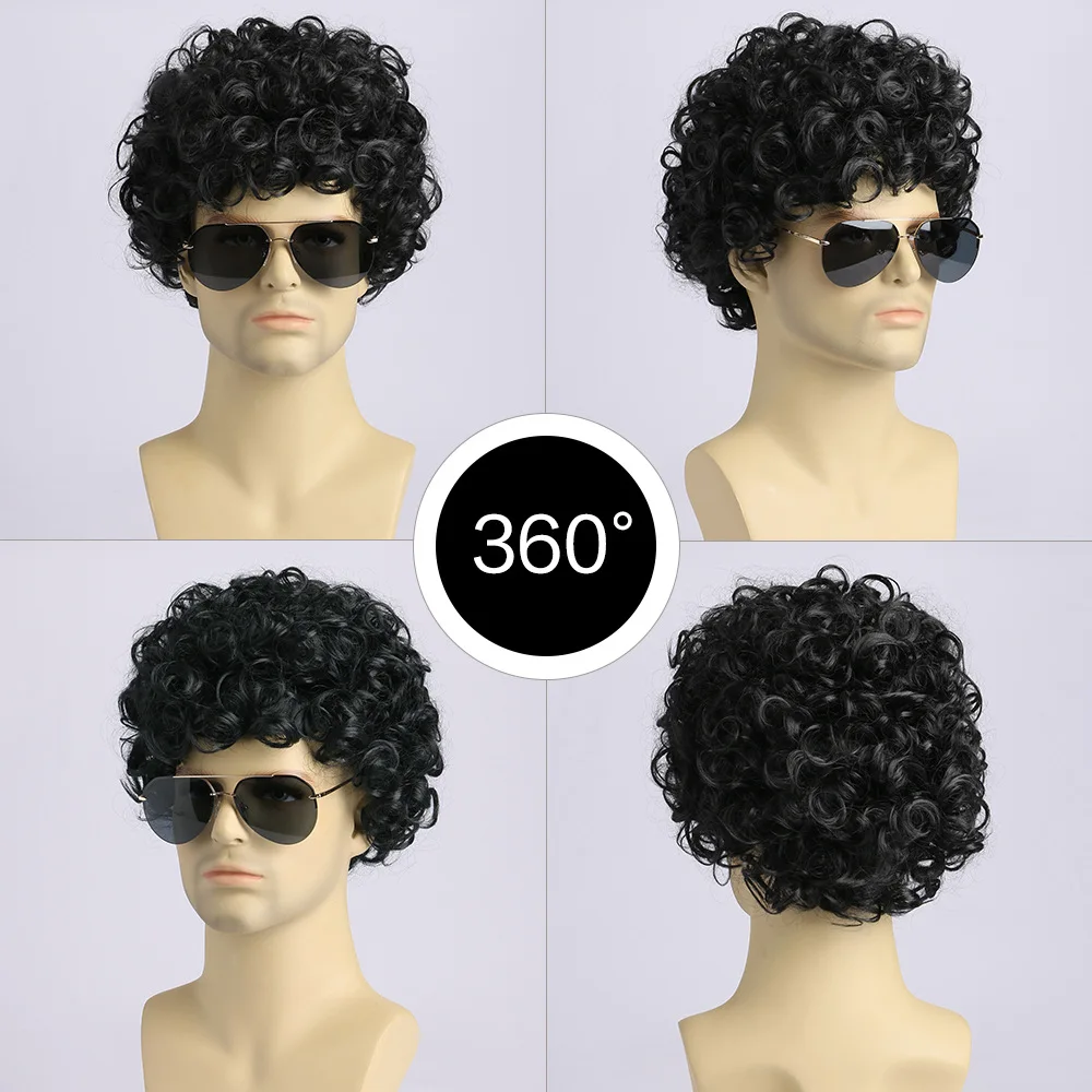 Synthetic Short Curly Wig Black Fake Hair Daily Party Cosplay Wigs for Man High Temperature Fiber