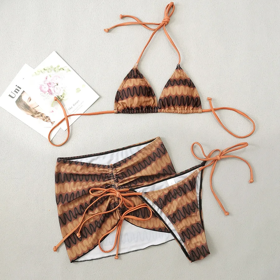 Sexy Boho Print Micro Mini String Halter Bikinis Sets 3pcs with Drawstring Mini Skirt Swimwear Swimsuit Bathing Suit Biquini