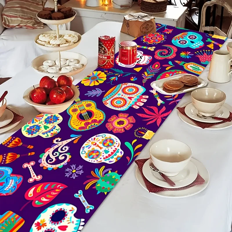 Mexican Dia De Los Muertos Linen Table Runner Colorful Flowers Skulls Guitar Day of The Dead Table Runners Fiesta Party Decor