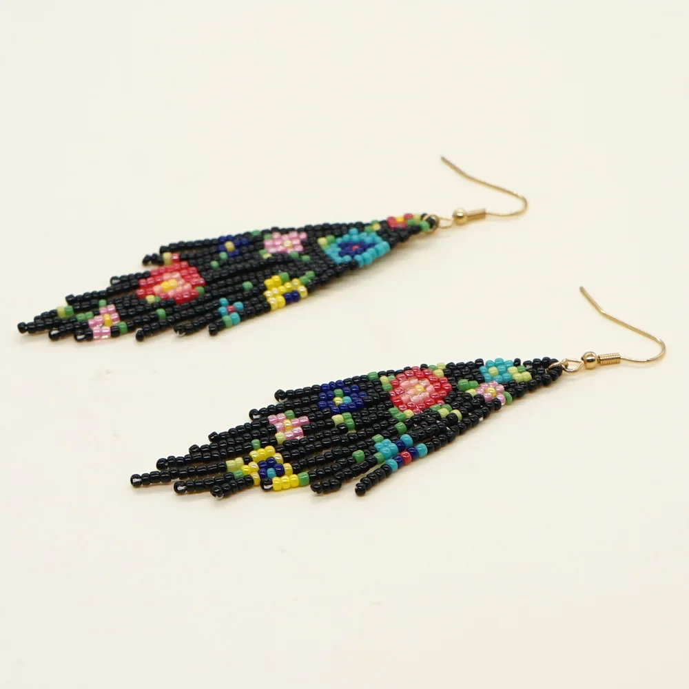 

ZGMXR Bohemia Alloy Rice Bead Earrings for Women Tassel Flower Design Hand Knitted Simple Fashion Beaded Jewelry