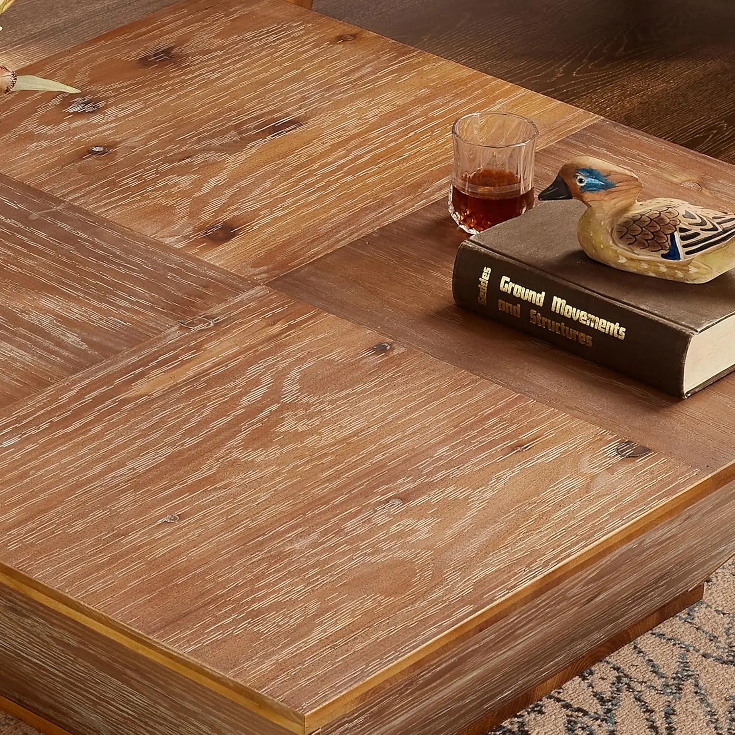 طاولة قهوة خشبية مربعة لغرفة المعيشة - طاولة قهوة للمزرعة مع مساحة تخزين (كرز، 35.43 بوصة عمق × 35.43 بوصة عرض × 13.78 بوصة ارتفاع) #4