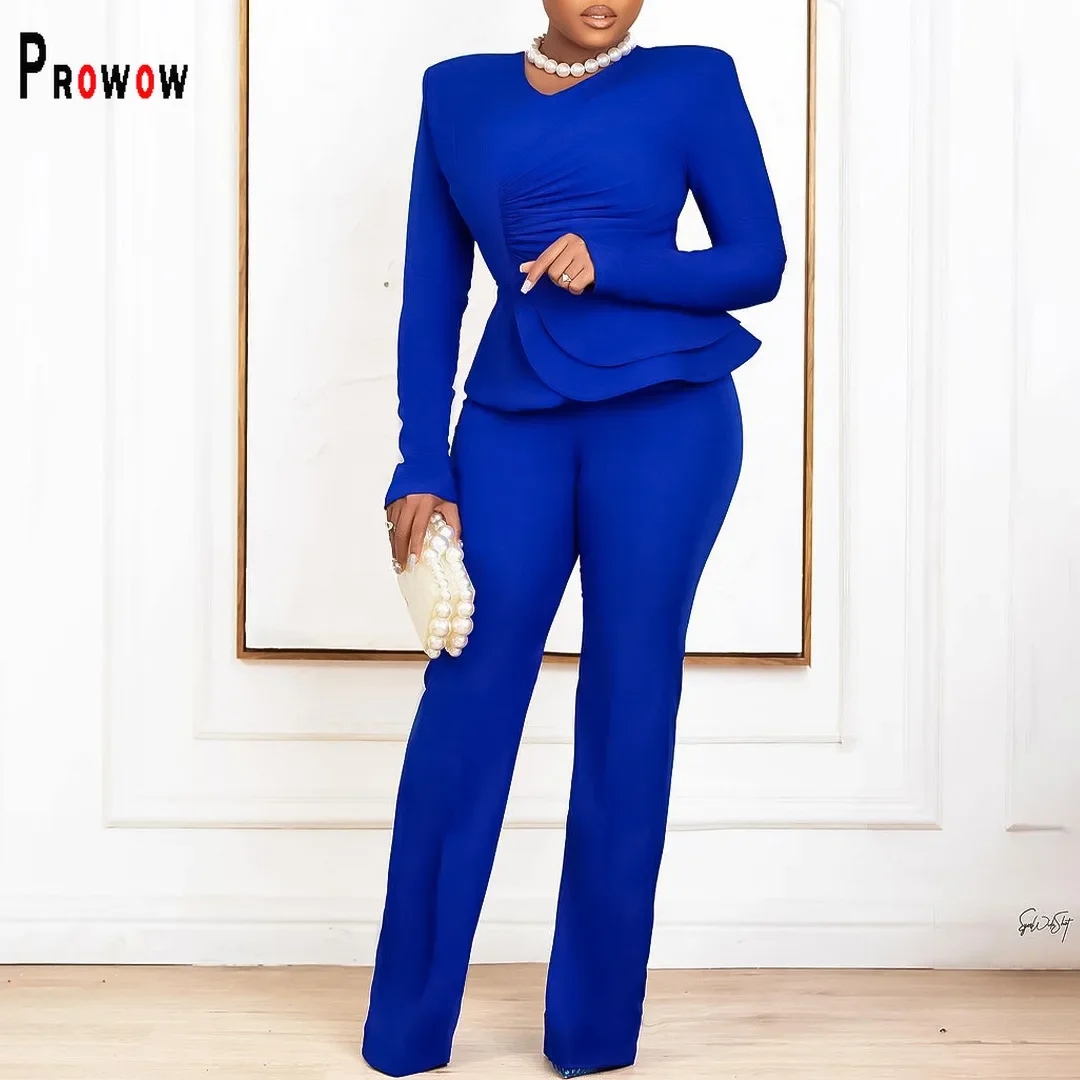 Prowow Two Piece Women Office Lady Suits Long Sleeve Ruffle Shirts High Waist Pencil Pant Solid Color Slim Fit Clothing Set