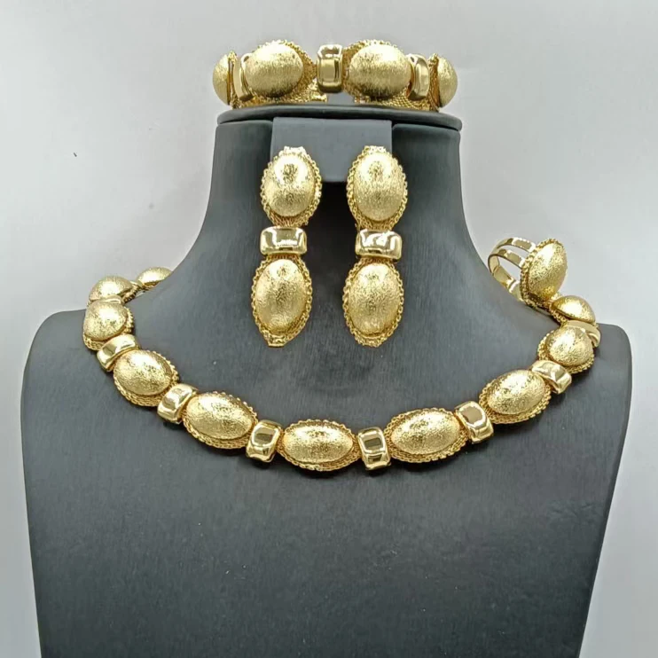 New Luxury 18K Gold Plated Jewelry Set for Women 4PCS Oval Beaded Necklace Earrings Bracelet Ring Bridal Wedding Party Jewelry