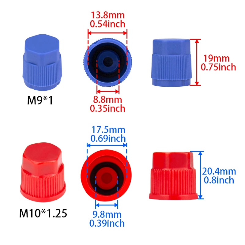 5 pares, M9x1 M10x1.25 A/C tapa adaptadora de válvula de puerto de servicio para Toyota Nissan Honda Acura Cadillac Ford Mercury