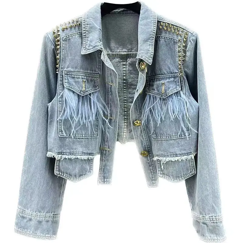 

Internet Celebrity Style Heavy Industry Willow Nail Irregular Short Denim Jacket Top Light Luxury Feather Decoration Denim Top