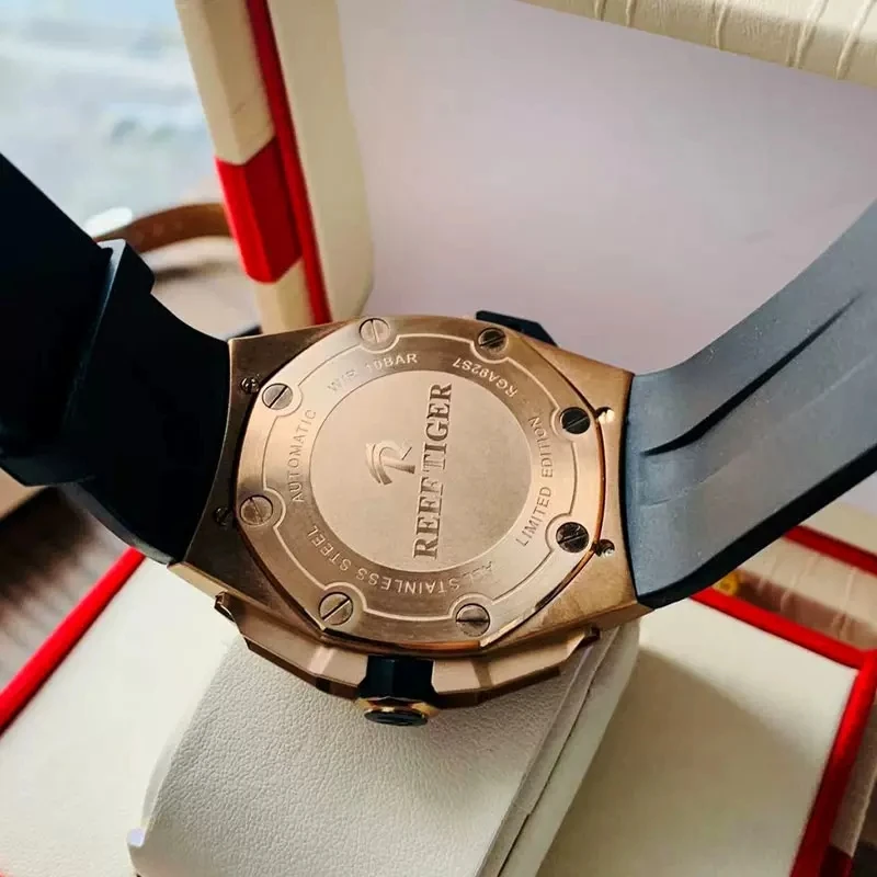 Reef Tiger/RT Top Brand All Black Automatic Mechanical Men Watches Rubber Strap Sapphire Glass 100M Waterproof Men Sport Watch