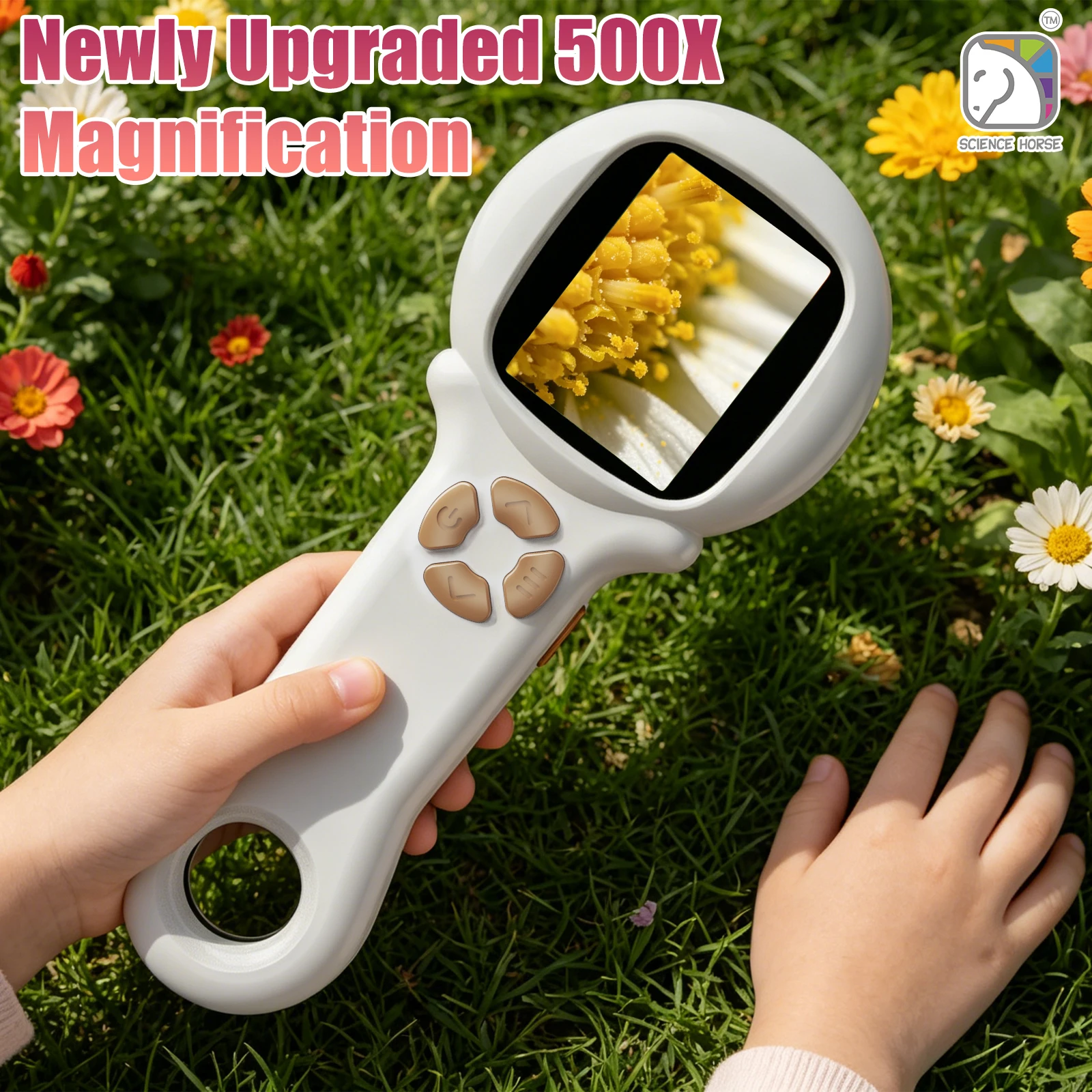 2-inch built-in display screen, 500x children's digital microscope, 2-megapixel camera and video recording, circular fill light