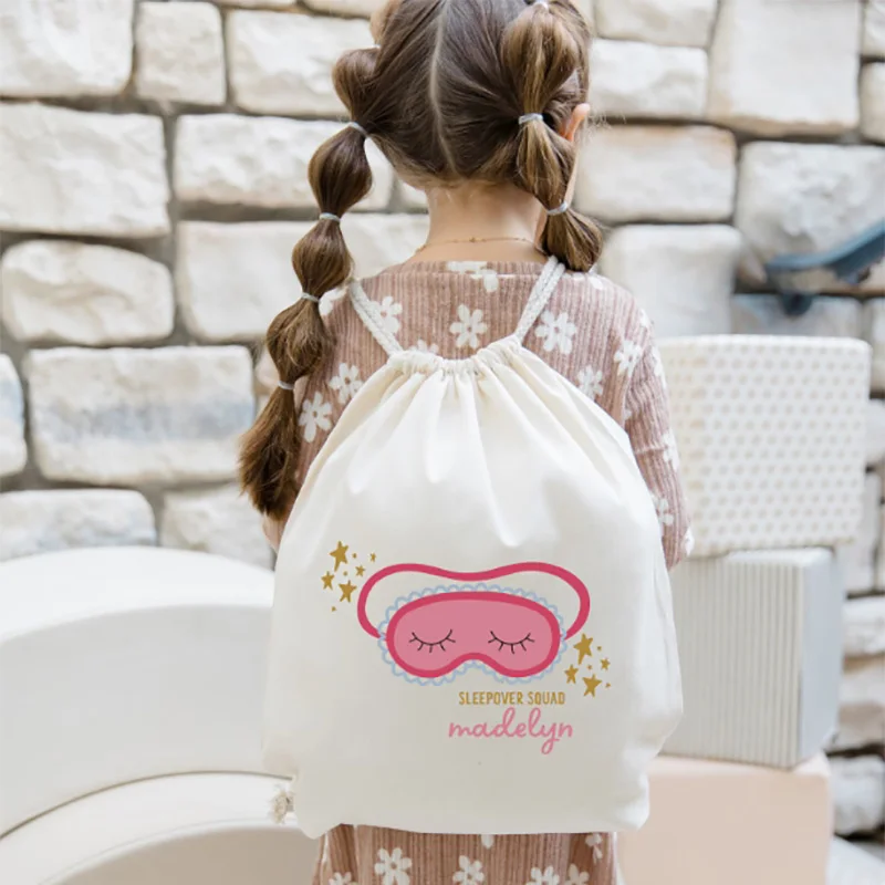 Personalised Sleepover Squad Drawstring Backpack slumber jama Pamper Spa themed kid girl 3rd 5th 11th Birthday party gift Bag