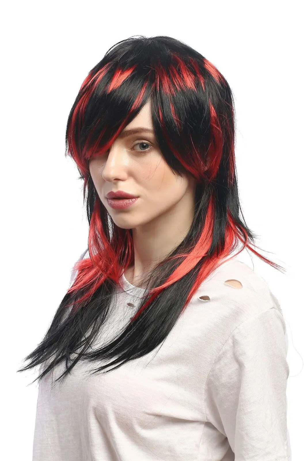 

Wig Ladies Halloween Black Red Streaked Long Smooth