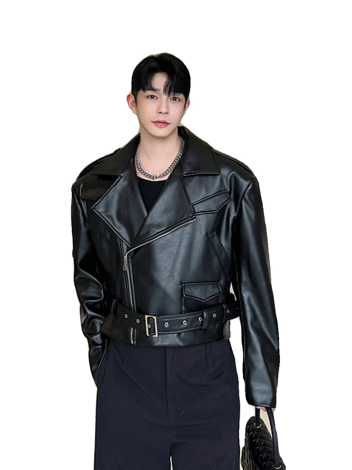 Giacca in Pelle Stile Biker Coreano con Cerniera Retrò, Design Trendy e Vestibilità Ampia per Uomo, Energia Giovanile, Casual Autunnale