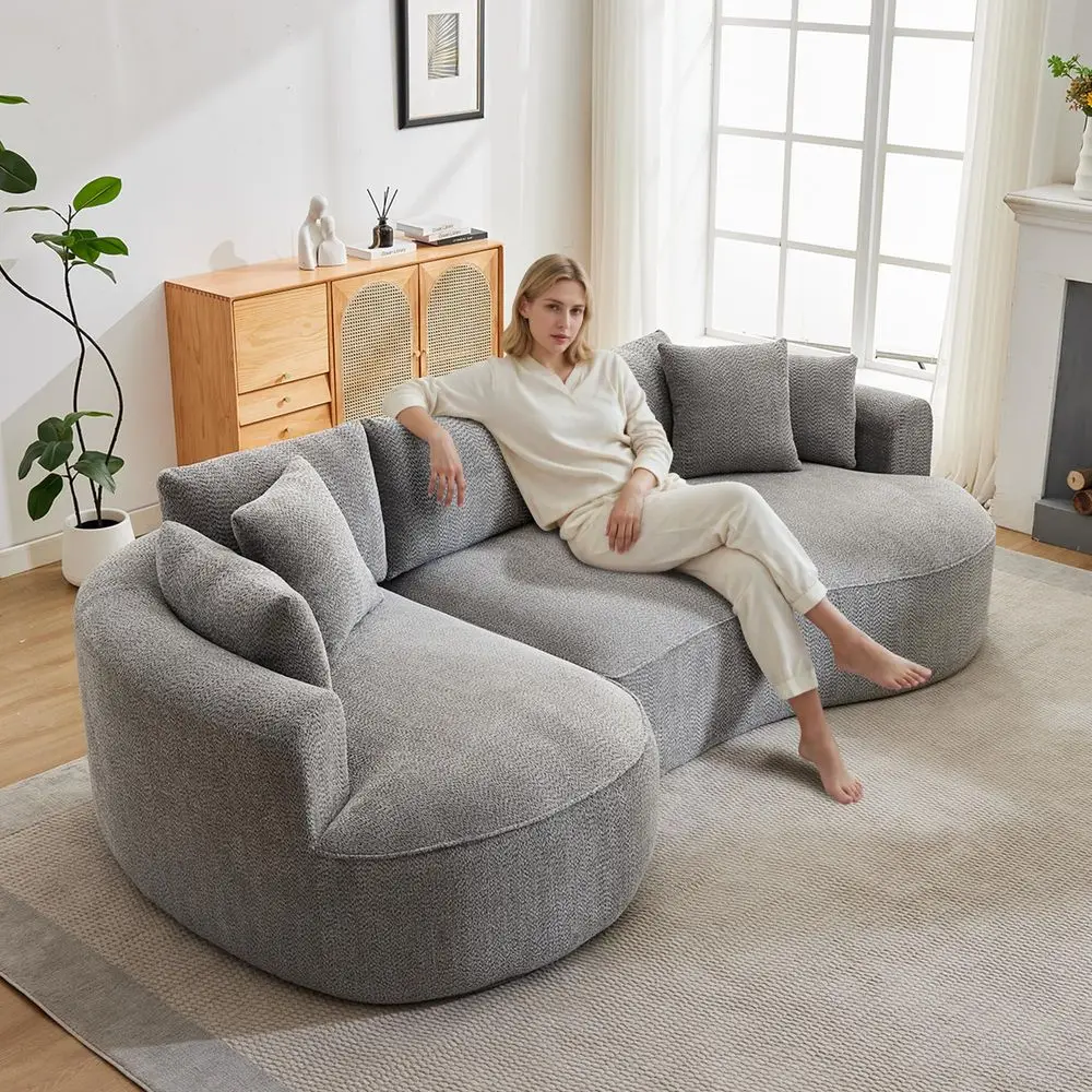 

124 Oversized Boneless Couches for Living Room, Sectional Curved Sofa with 7 Pillows, LShape Boneless Couch with Deep Seat, Hig
