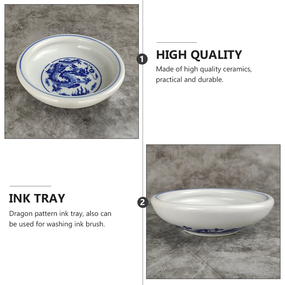

Writing Dragon Pattern Paint Tray Porcelain Ink Dish Chinese Calligraphy Accessory