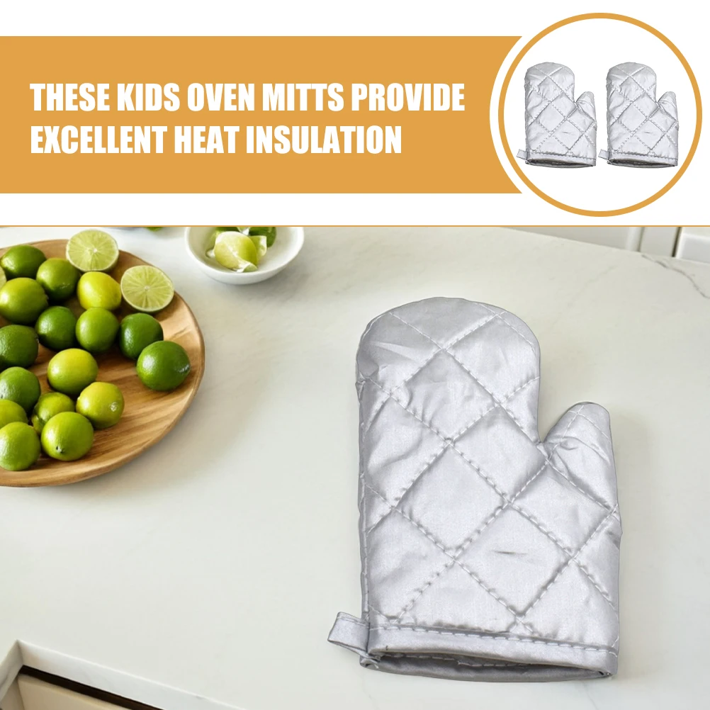 

4 pcs Kids Heat Resistant Oven Mitts Silver Coated Microwave Gloves Kitchen Baking Mitts Non Slip Polyester Child Size