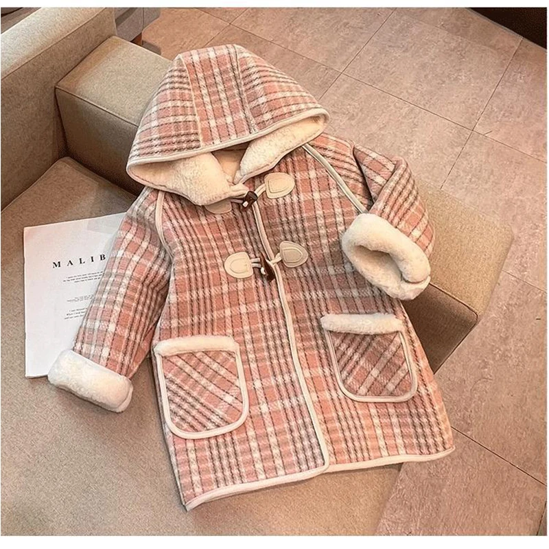 1-6Years Children Girls Plaid Woolen Coat Autumn Winter Fleece Linning Warm Hooded Coats Korean Style Baby Girls Outerwear