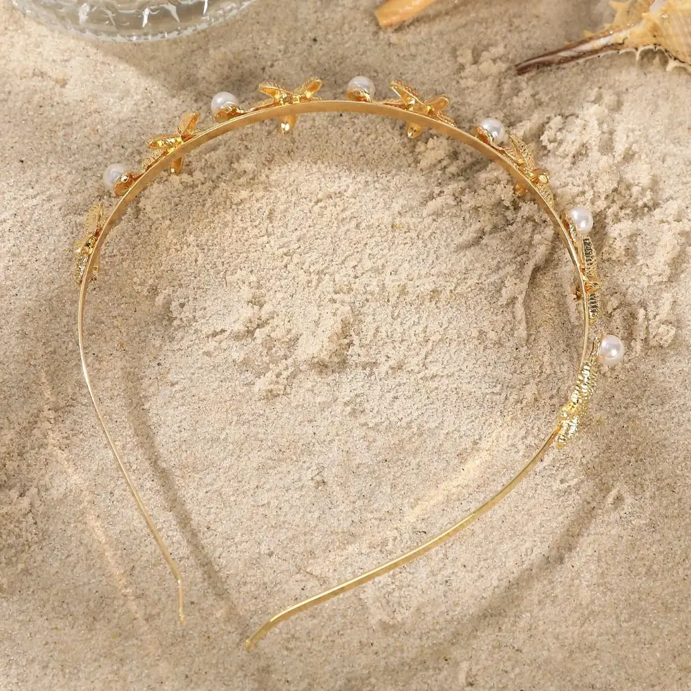 Korean Headpiece Gold Color Starfish Shell Headband Silver Irregular Pearl Hair Hoop Chic Elegant Crown Tiaras Women view 2