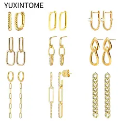 925 Sterling Silver Ear Needle Minimalist Oval Hoop Earrings Women's Fashion Chain Geometric Pendant Earings Fine Jewelry Gift