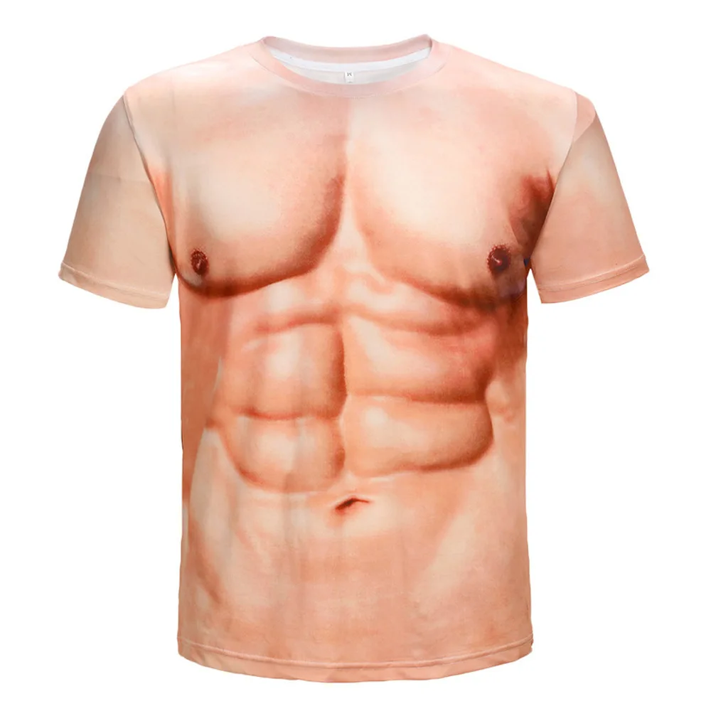 Men Funny Fake Muscle Abs 3D All Over Print T-Shirt Tattoo Dog Tag Necklace Graphic Short Sleeve