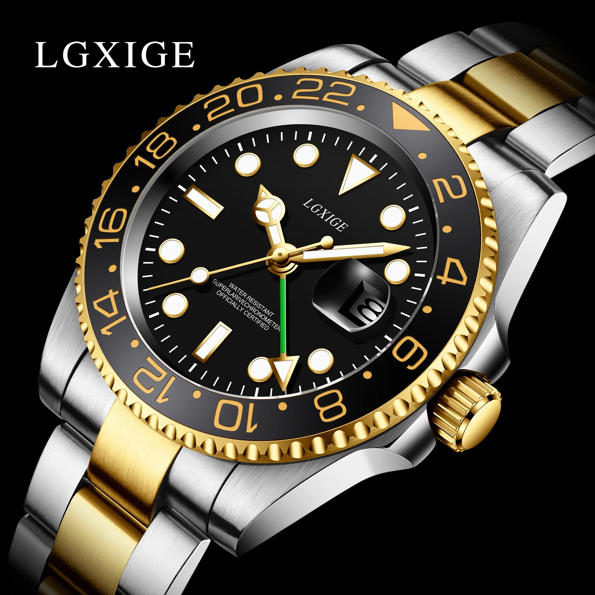 2024 New Gold LGXIGE Top Brand Men's GMT Automatic Mechanical Watches Sapphire Waterproof 100m Watch for Men Clock+Box