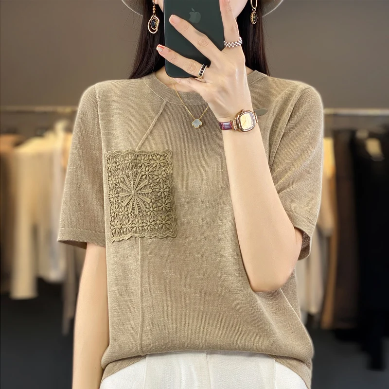 Summer Women\'s Sweater Short Sleeve Pullover Round Neck Bamboo Hemp Ice Silk New Jacquard Loose Knitted T-shirt Slim Fit Top 023