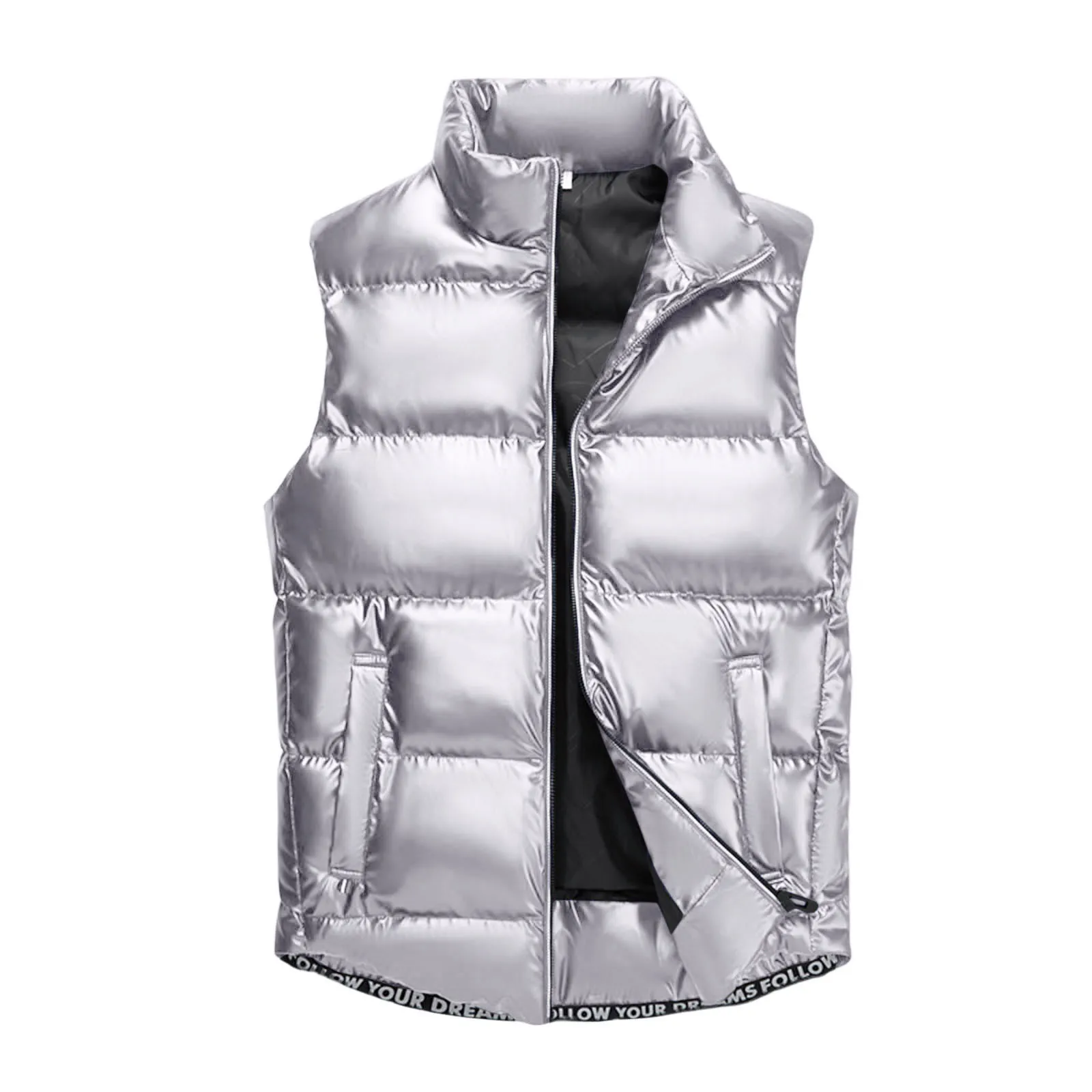 2024 New Men Thicken Hooded Vest Winter Warm Cotton-Padded Solid Color Bright Stand Collar Waistcoat Waterproof Windprrof