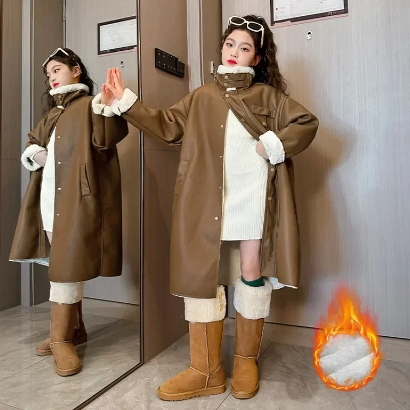 Girls Leather Trench Coats Winter Fleece Thick Warm Mid-length Teen Children Outerwear Fashion Fur Casual Jacket for Kids 4-14Y