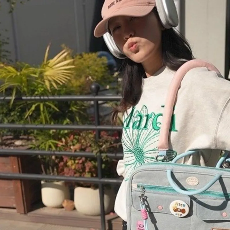 Ins-Bolso para ordenador portátil con calcomanía para mujer, bolso vaquero portátil para MacBook Air Pro de 13, 14 pulgadas, almacenamiento de accesorios para ordenador, bolsos de hombro