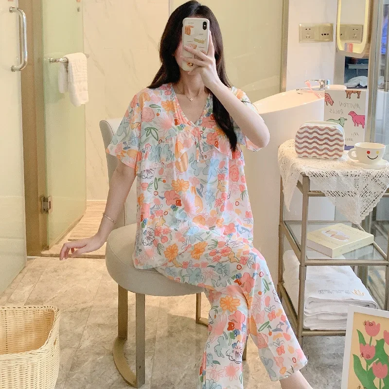 Short Sleeve Pants Floral Print Woman Satin Pajama Sets Ensembles 2 Piece Two-Piece Lady Outfit Lounge Women Pijama Pajama Pj